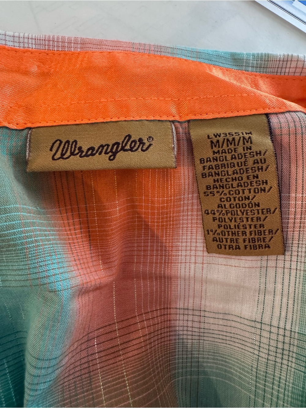 Wrangler Western Plaid Rhinestone Snap Shirt Turquoise Orange Size M - Picture 2 of 10